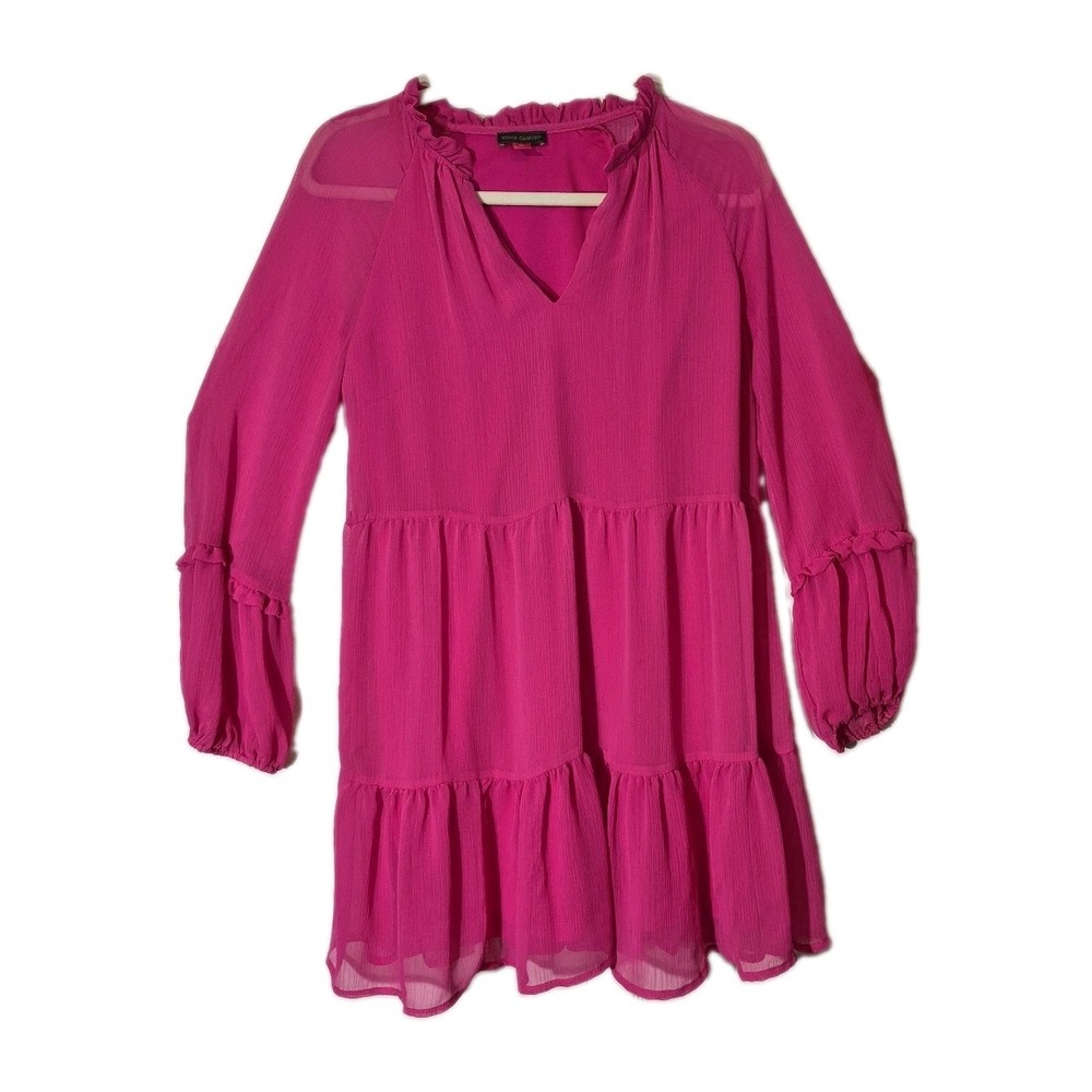 Vince Camuto Hot Pink Tiered Ruffle Mini Dress Sheer Sleeve Boho Extra Small